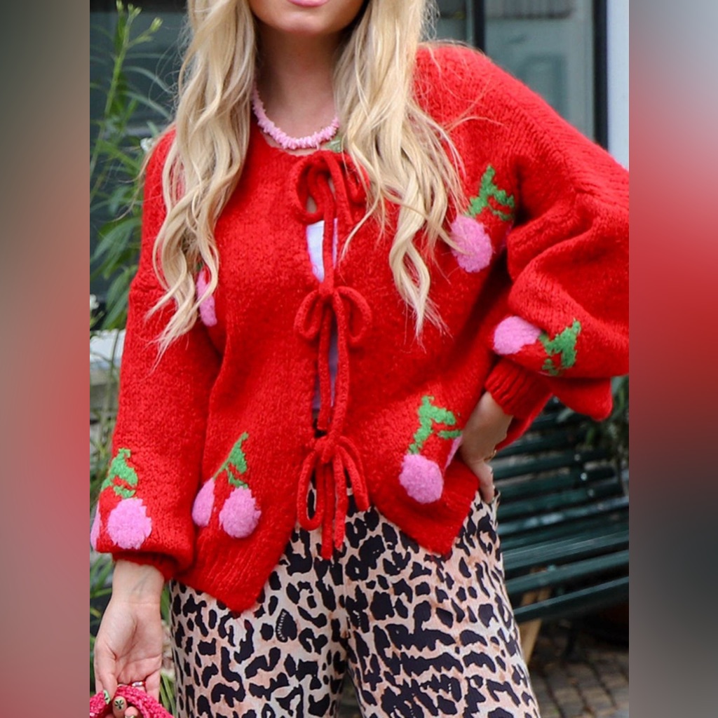 Tied Cherry Round Neck Long Sleeve Cardigan